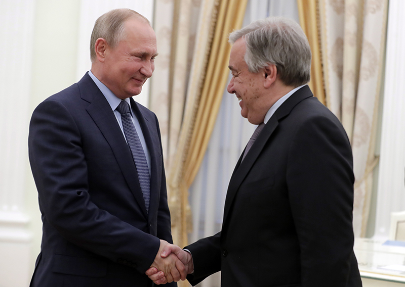 Russian President Vladimir Putin meets with UN Secretary General Antonio Guterres in Moscow, on Tuesday.