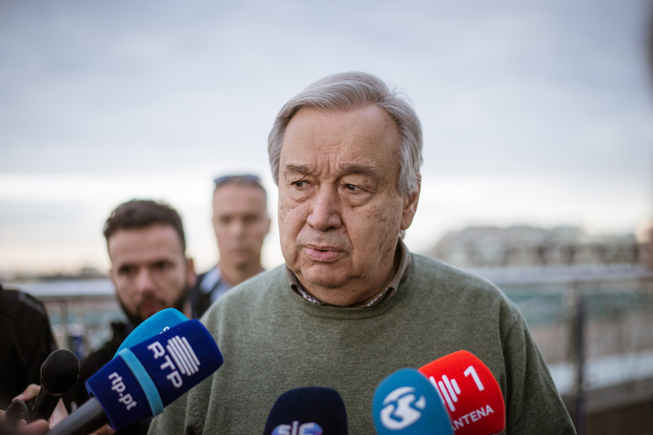 UN Secretary-General Antonio Guterres speaks to the media members as he arrives in Kyiv, Ukraine on April 27.