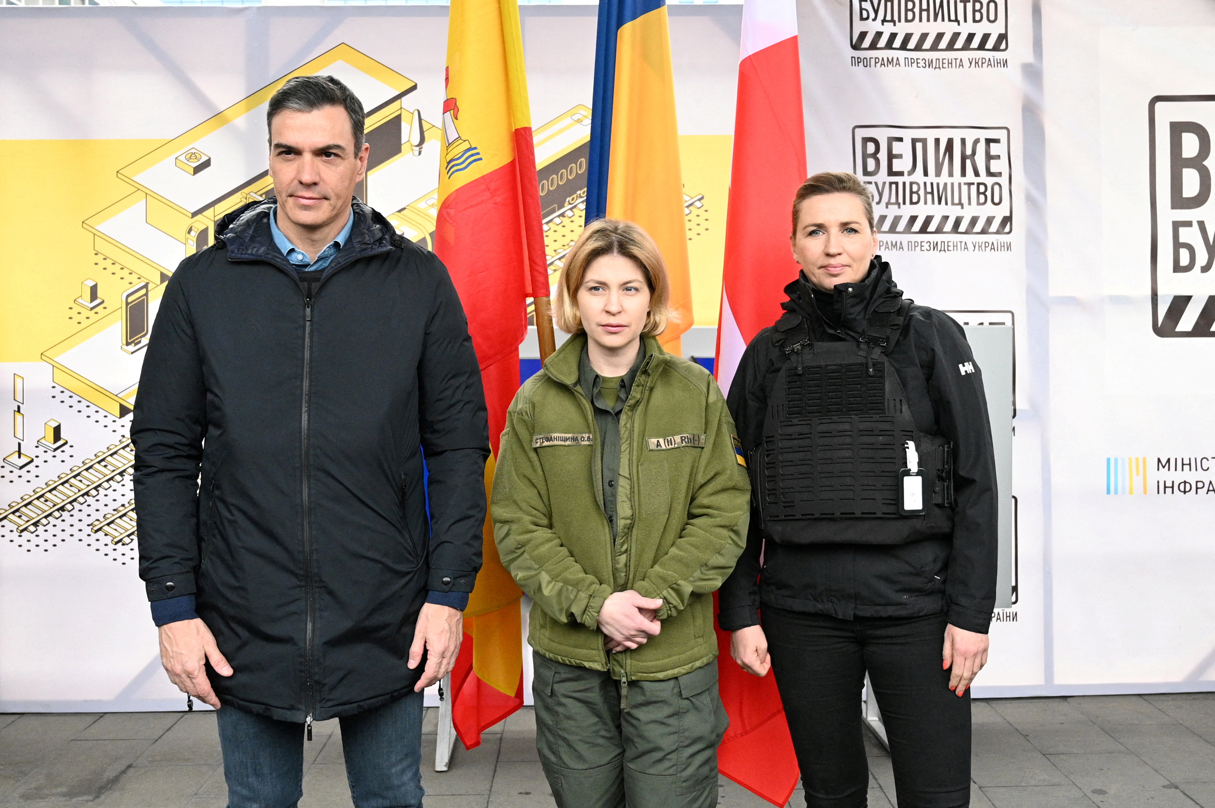 Spanish Prime Minister Pedro Sanchez, left, and Danish Prime Minister Mette Frederiksen, right pose with Ukrainian Deputy Prime Minister Olha Stefanishyna during their visit to Kyiv, Ukraine April 21.