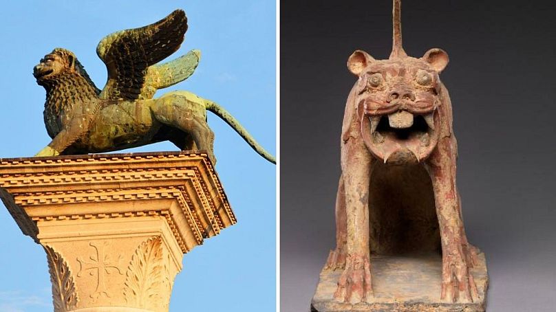 Left: The Venice Lion; Right: Zhènmùshòu Left: The Venice Lion; Right: Zhènmùshòu