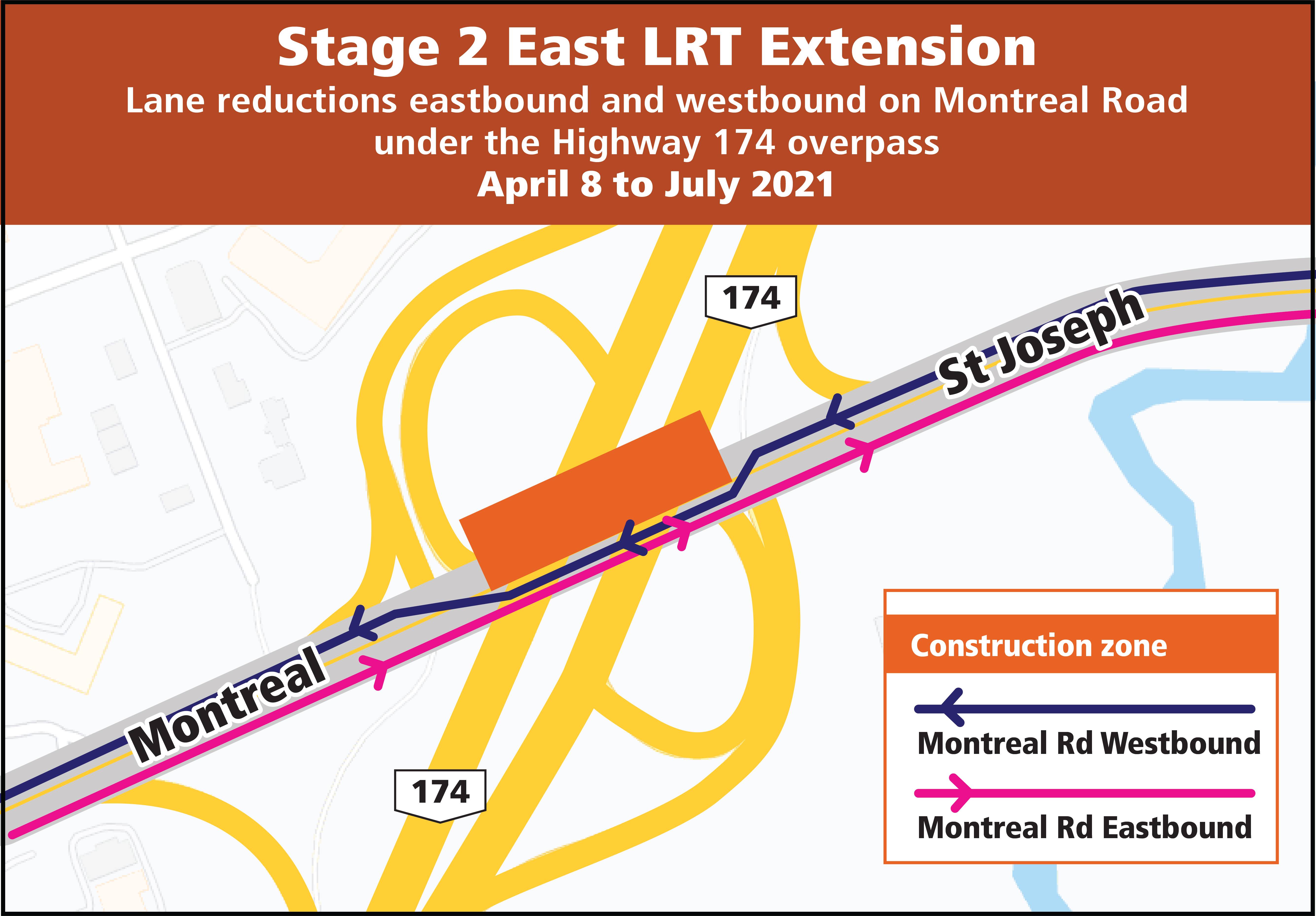 Lane reductions eastbound and westbound on Montreal Road under the Highway 174 overpass April 8 to July 2021