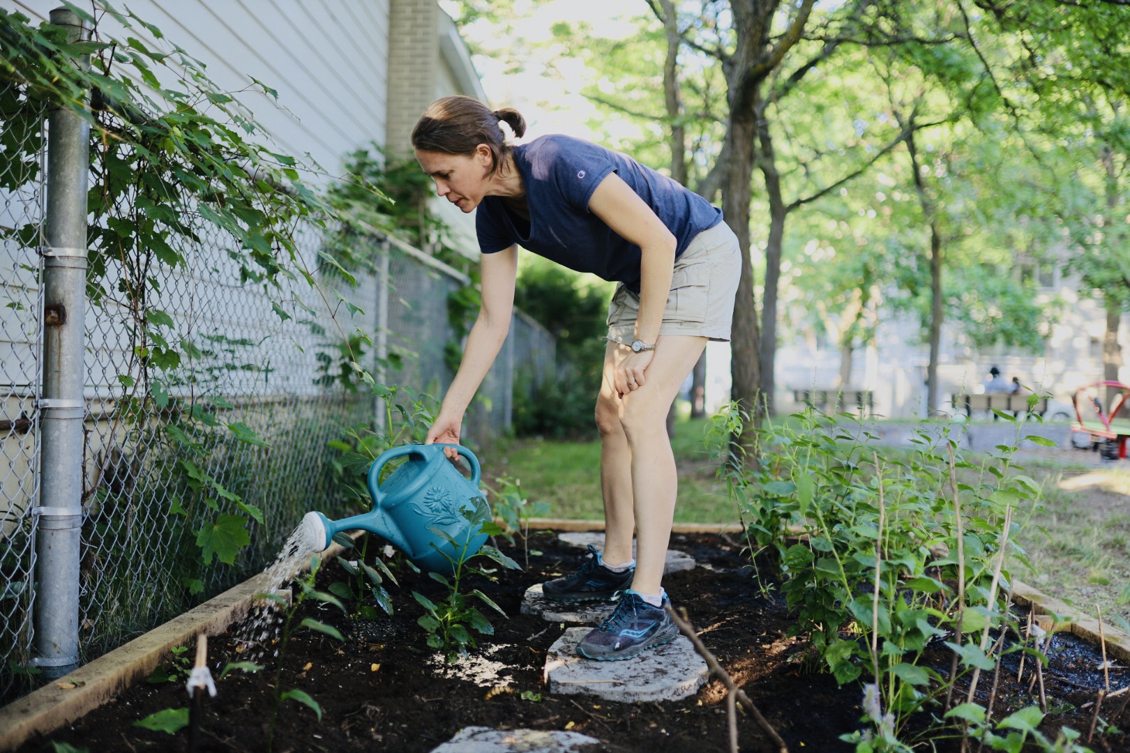 A volunteer waters a pollinator garden at Dalhousie South Park.