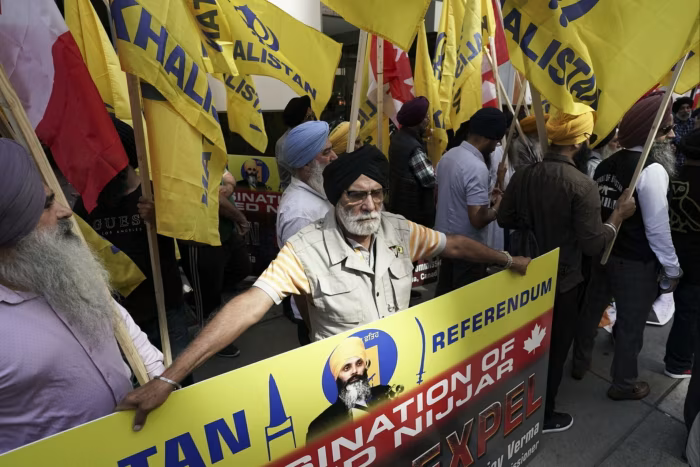 Protesters gather outside the Indian consulate in Toronto, Ontario, last month