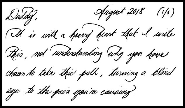 Her writing is elegant and distinctive. Over five pages, the Duchess of Sussex pours out her heart to her father in a letter written last August ¿ three months after their bitter rift began. Time and again, she chastises him for the hurt and pain he has caused her and insists she and Prince Harry did all they could to help Thomas Markle, even when he pulled out of the Royal Wedding days before their May 19 nuptials