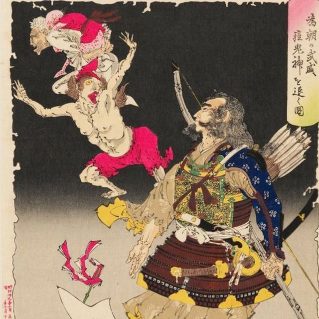 日本 12 世纪绘画，画中是与天花恶魔搏斗的武士