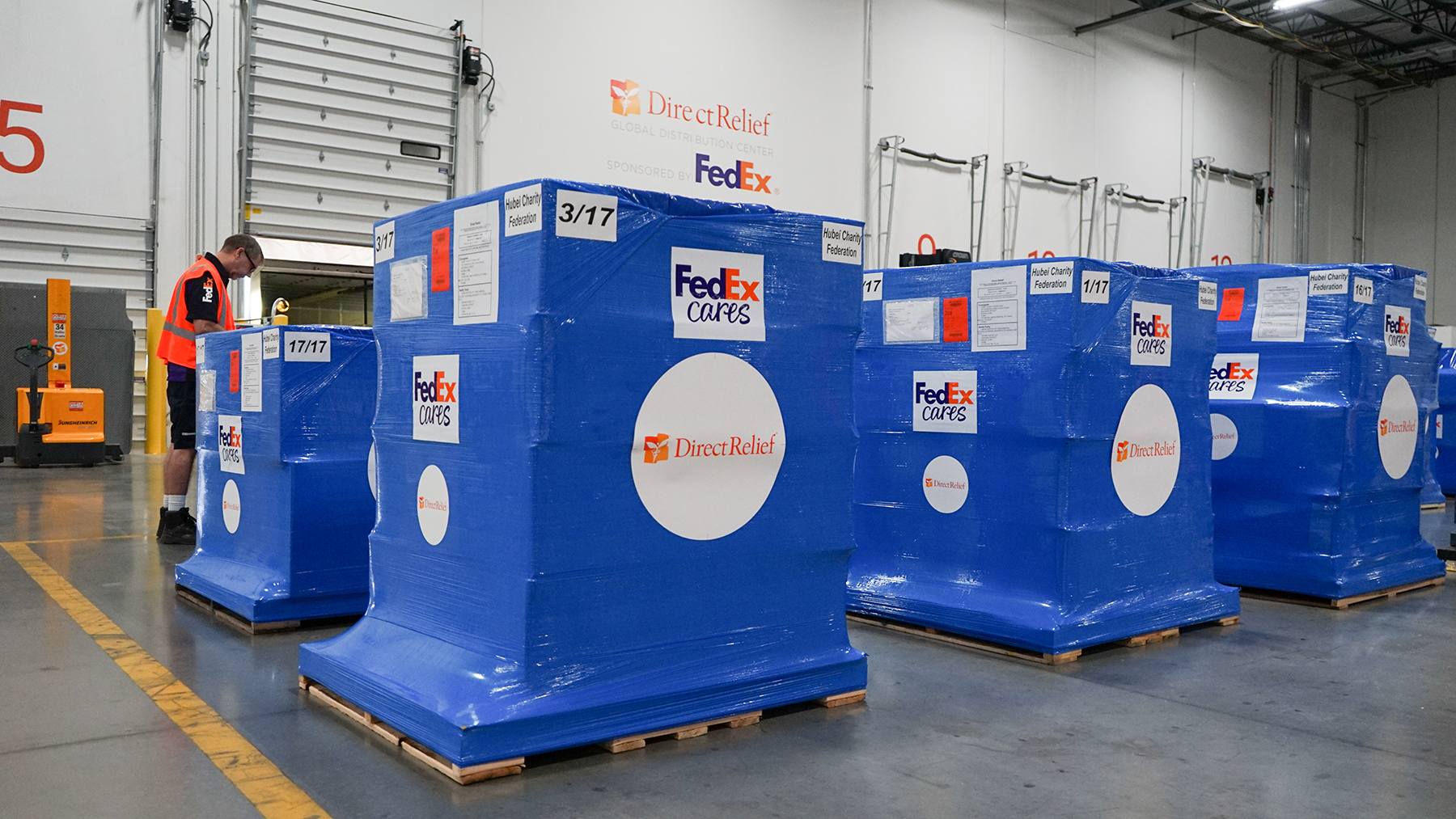 A shipment of medical aid, including personal protective gear, leaves Direct Relief's warehouse on Jan. 27, 2020, bound for China, where it will be used by health care providers to protect against the spread of coronavirus. Transportation for the shipment was provided free of charge by FedEx. (Lara Cooper/Direct Relief)