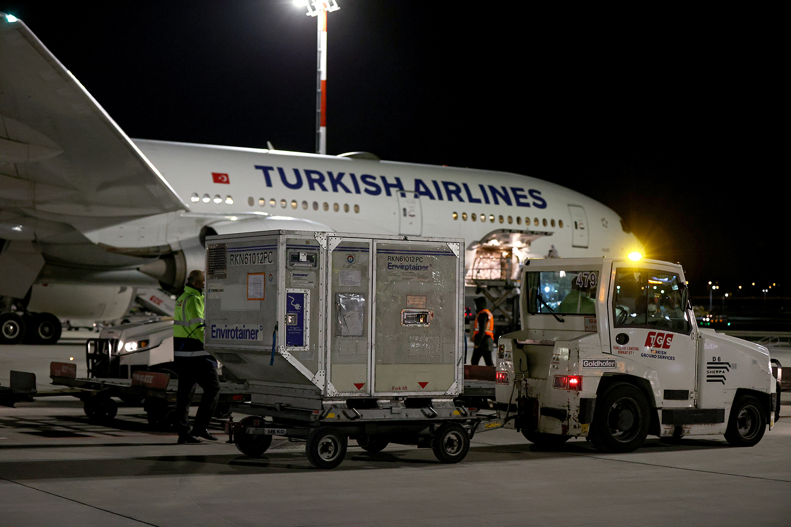 Containers of Covid-19 vaccines, ordered from China's Sinovac Biotech, are unloaded upon arrival at Istanbul Airport in Turkey, on January 25.
