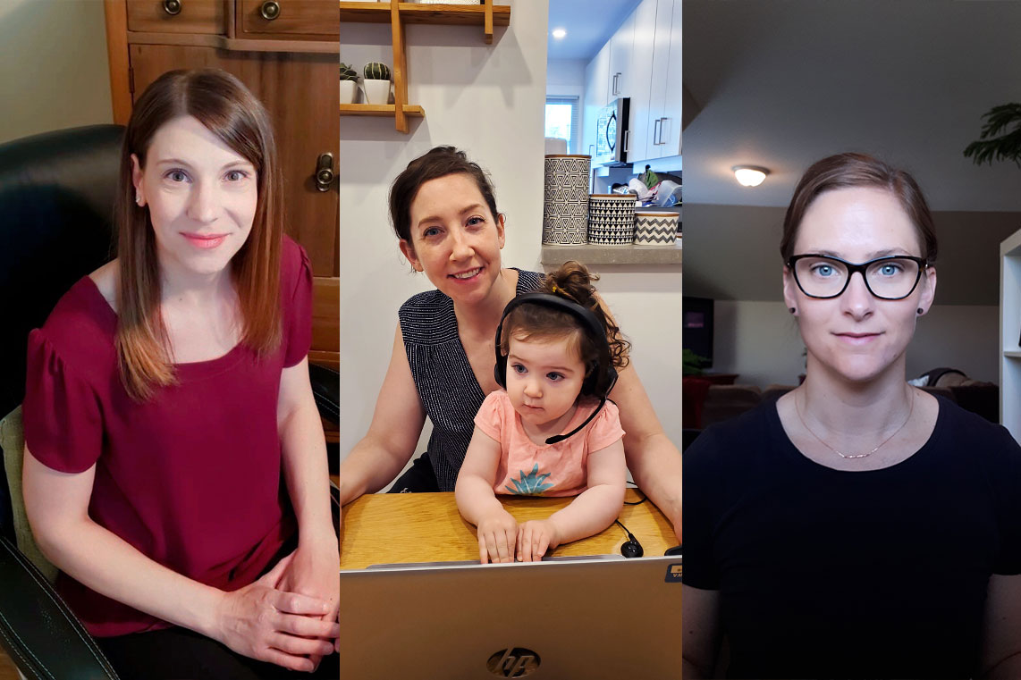 A split screen image of three women in their home offices. The woman in the middle has her 21-month old daughter in her lap, wearing her headset. 