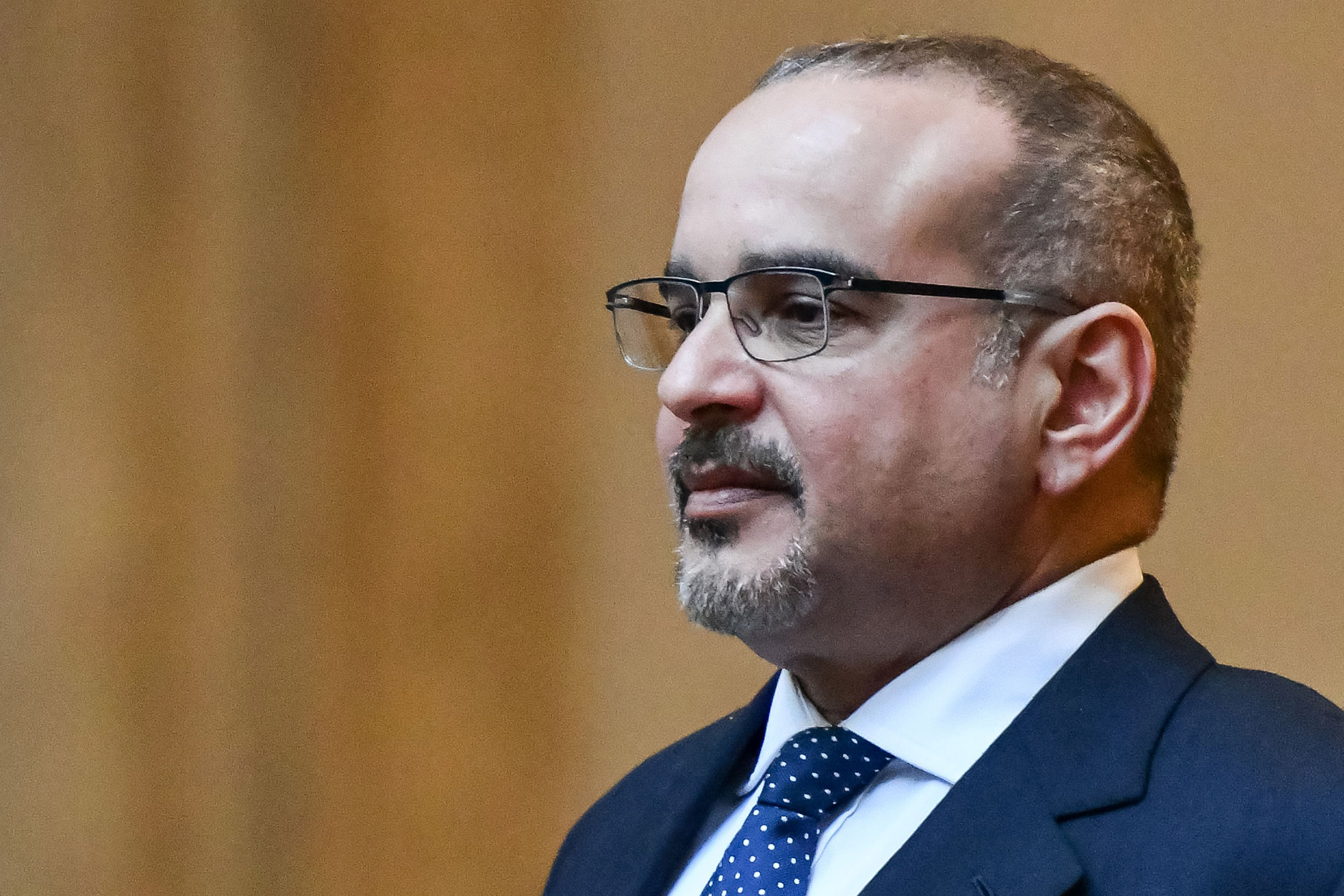 Bahrain's Crown Prince Salman bin Hamad bin Isa al-Khalifa stands at attention upon his arrival for a meeting with Italy's prime minister on February 3, in Rome.