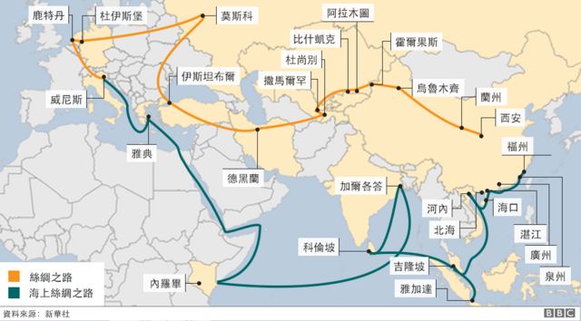 一带一路基于古丝绸之路而设计，希望推进中国经济走向世界。