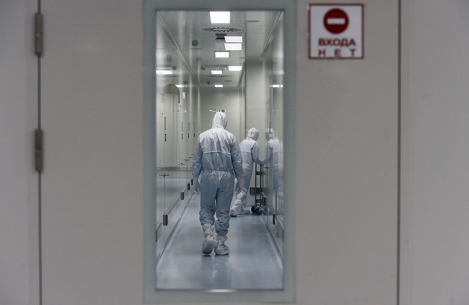 Employees are seen at Russia's biotech company BIOCAD, which is working on a coronavirus vaccine.