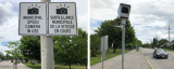 English and French signs indicating there’s speed camera in use and speed camera by the roadside/Panneaux en anglais et en français indiquant la présence de caméras de contrôle de la vitesse. Caméra de contrôle de la vitesse sur le bord d’une route.