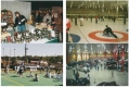 A collage showing a market with jams on top of a table, a curling rink, an outdoor field with people stretching, and a vintage car show.