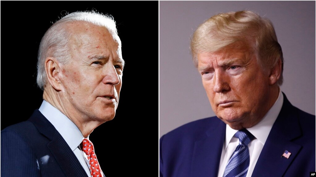 FILE - In this combination of file photos, former Vice President Joe Biden speaks in Wilmington, Del., on March 12, 2020, left, and President Donald Trump speaks at the White House in Washington on April 5, 2020.