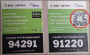 Two images of the Park & Pay signs on City parking meters. The sign on the right includes a fraudulent QR code sticker with a red circle around it.