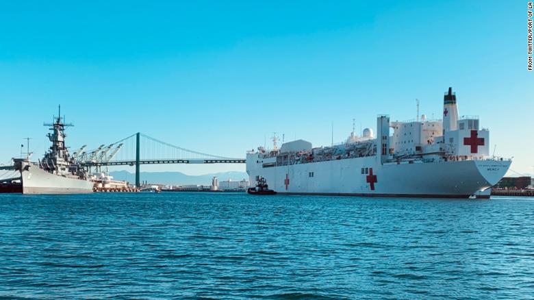 USNS Mercy arriving at port in Los Angeles, California Friday morning