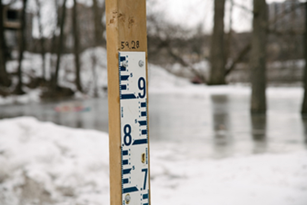 Staff gauge surrounded by snow, water and trees