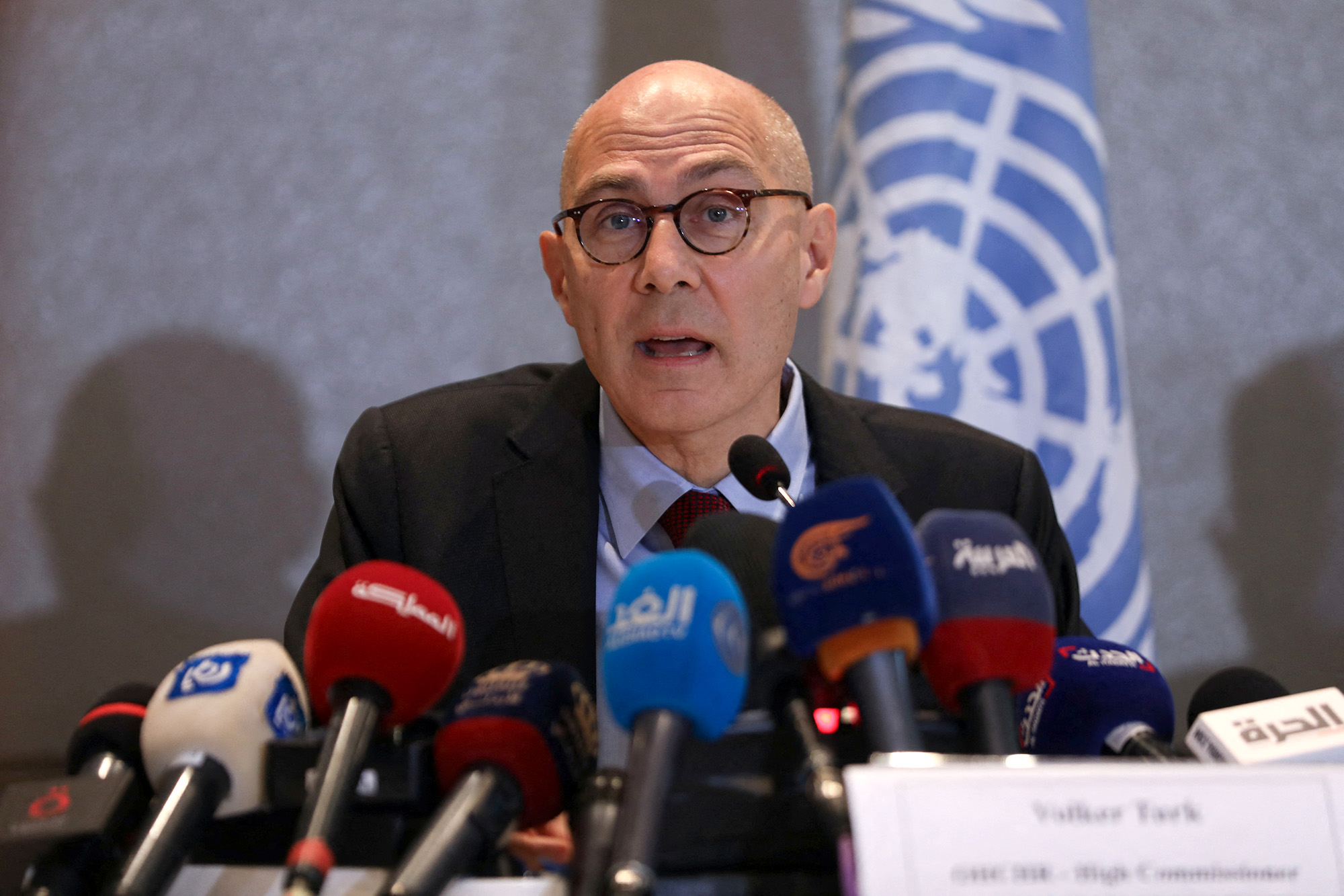 United Nations High Commissioner for Human Rights Volker Turk speaks during a press conference in Amman, Jordan, on November 10.