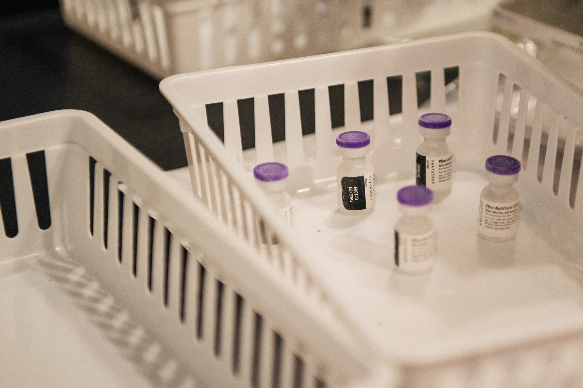 Filled vials wait to be distributed ahead of a Covid-19 vaccine clinic on May 13 in Houston.