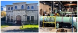 Collage of two photos, one of the exterior and one of the interior of the Fleet Street Pumping Station, taken in present day.