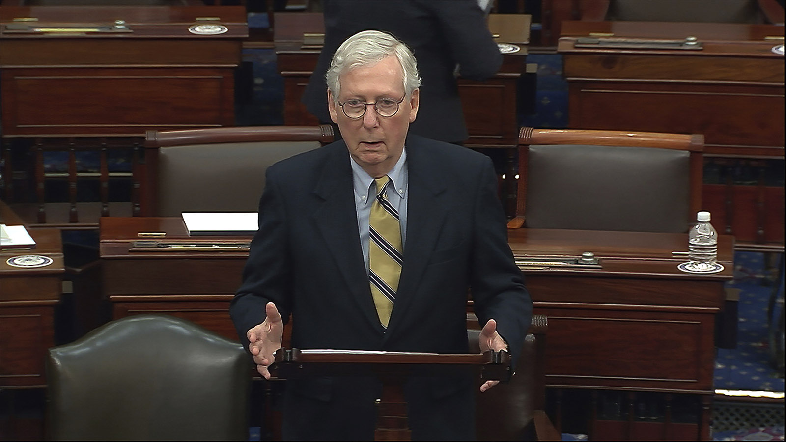 In this image from video, Senate Minority Leader Mitch McConnell of Ky., speaks after the Senate acquitted former President Donald Trump in his second impeachment trial in the Senate at the U.S. Capitol in Washington on Saturday, February 13. 