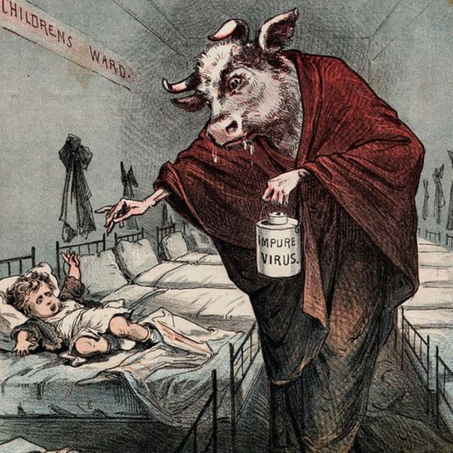 A drawing of a cow with human hands sprinkling something on a child in bed while holding a jar labelled Impure virus