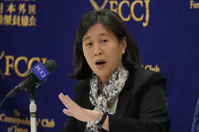 U.S. Trade Representative Katherine Tai speaks at a press conference at the Foreign Correspondents' Club of Japan Thursday, April 20, 2023, in Tokyo. Washington is not seeking to decouple the American economy from China’s, Tai said Thursday while on a visit to Tokyo. (AP Photo/Shuji Kajiyama)