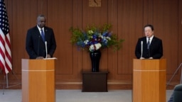 美国国防部长奥斯汀与日本防卫大臣滨田靖一在东京举行会谈后召开联合记者会。（2023年6月1日）