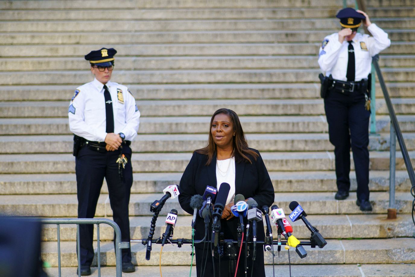 New York Attorney General Letitia James gives a short statement to the media before the start of the trial on Monday. My message is simple: No matter how powerful you are, no matter how much money you think you may have, no one is above the law, she said. 