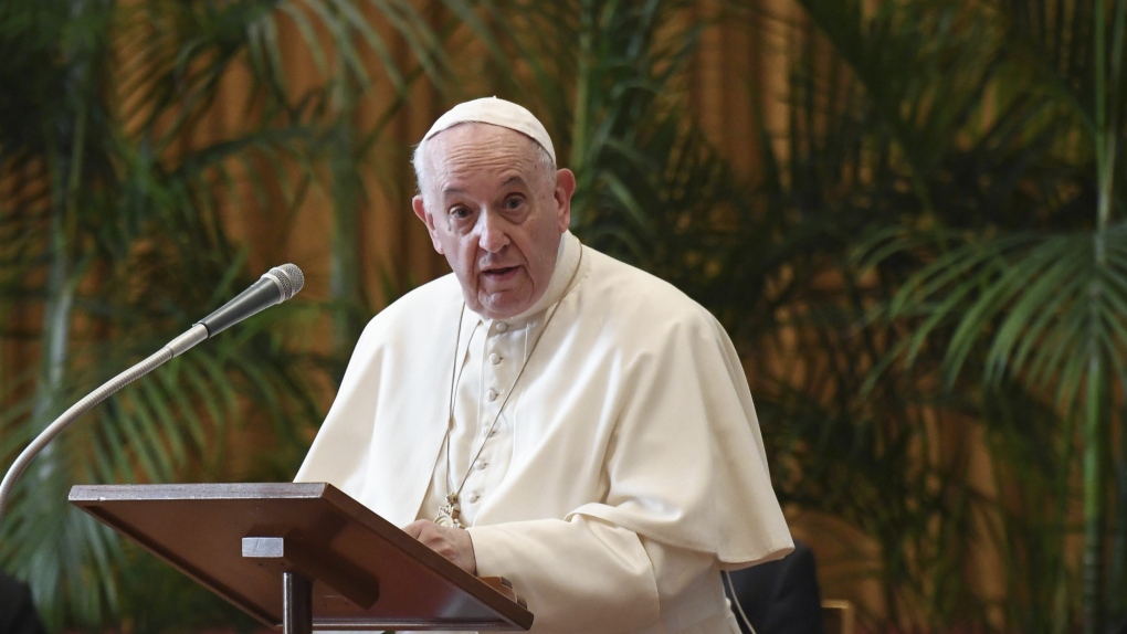 Pope Francis speaks at the Vatican, Monday, Oct. 4, 2021. (Alessandro Di Meo, Pool via AP)