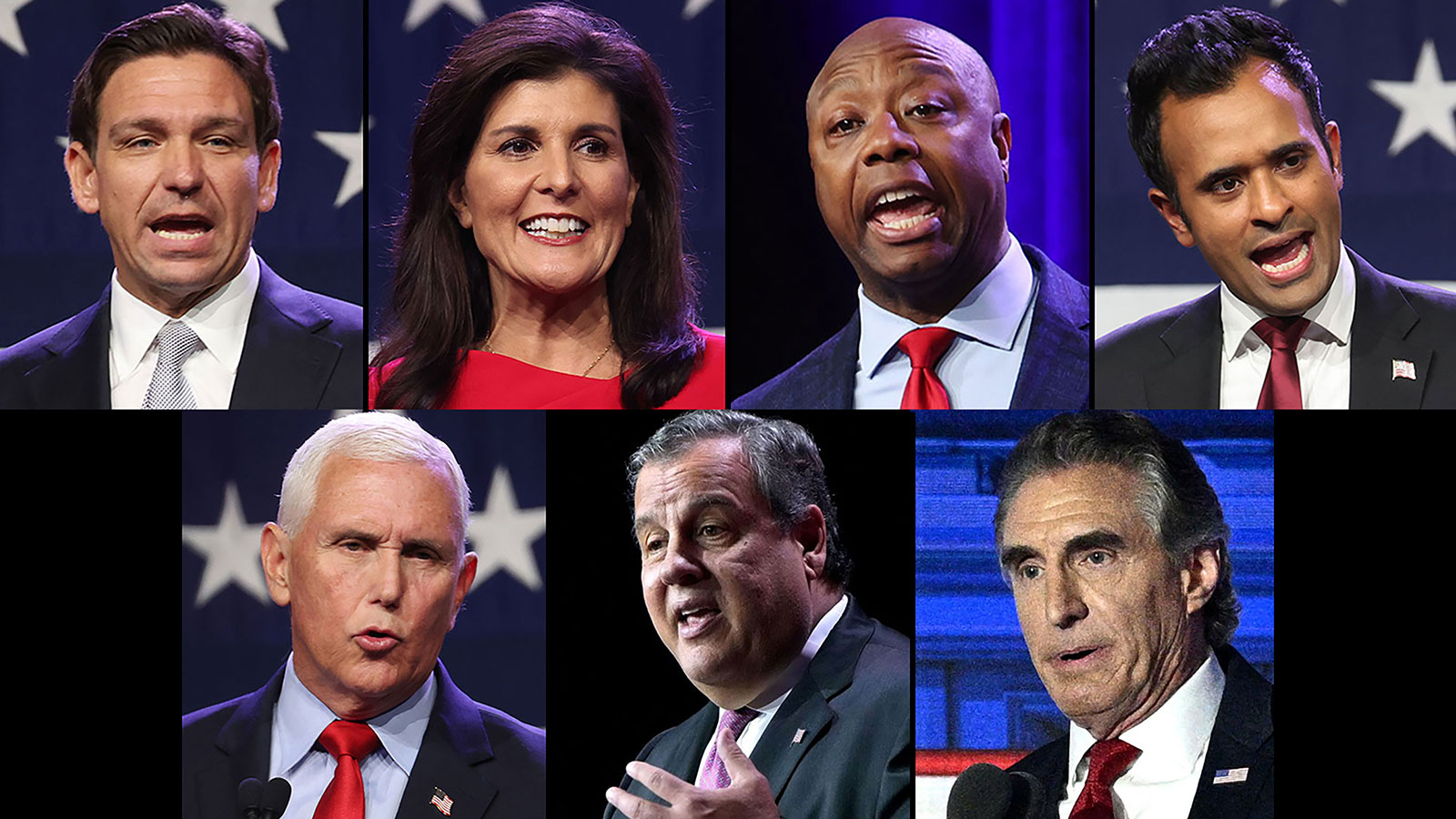 Top row: Ron DeSantis, Nikki Haley, Tim Scott, Vivek Ramaswamy. Bottom row: Mike Pence, Chris Christie, Doug Burgum.