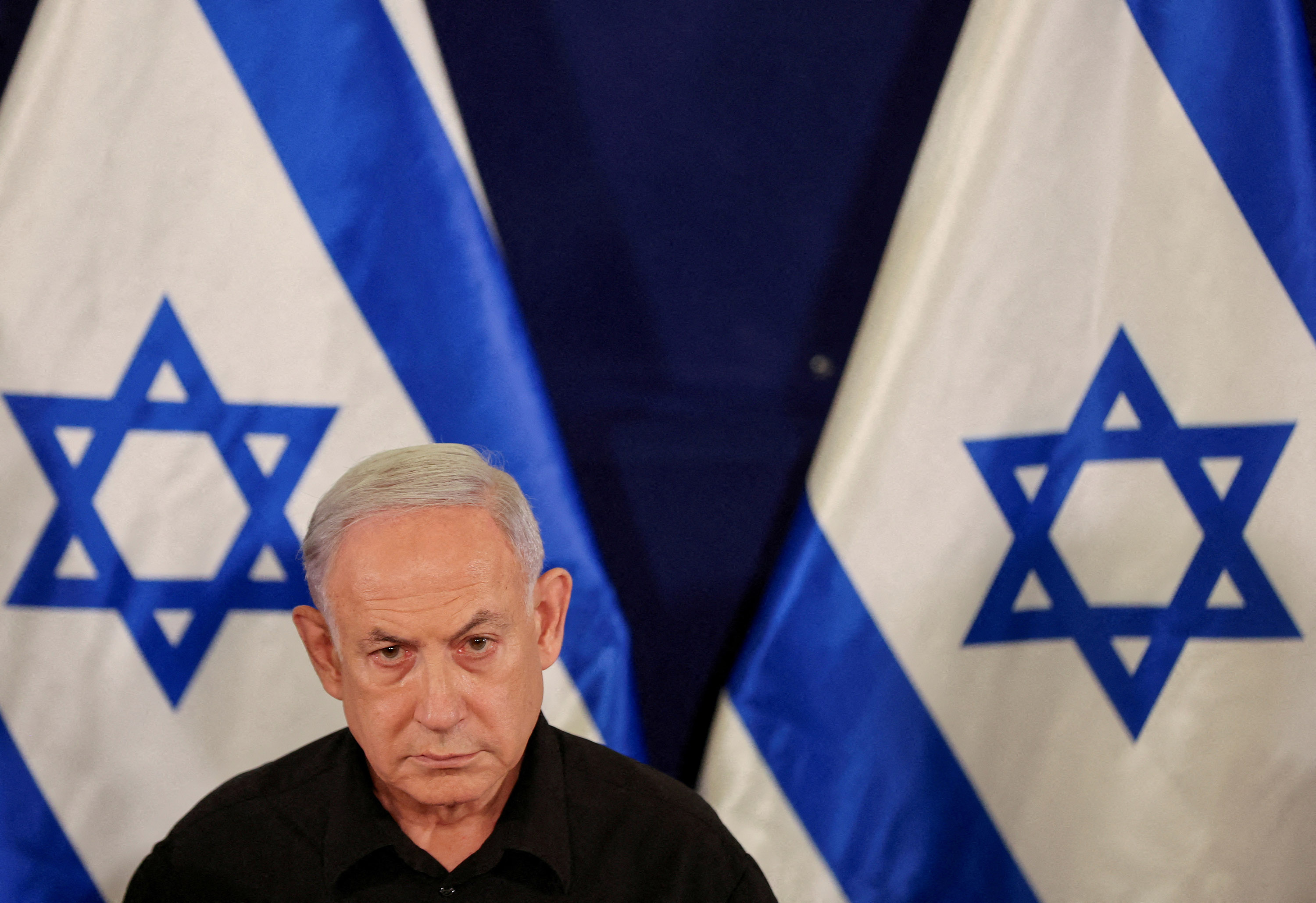 Israeli Prime Minister Benjamin Netanyahu is pictured during a press conference at the Kirya military base in Tel Aviv , Israel, on October 28