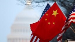 资料照：华盛顿街头飘扬的美中国旗，背景是美国国会大厦。