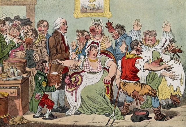 詹姆斯·吉尔雷（James Gillray）根据莫斯利对接种牛痘产生的后果创作的漫画，画中人接种牛痘后长出了牛角。