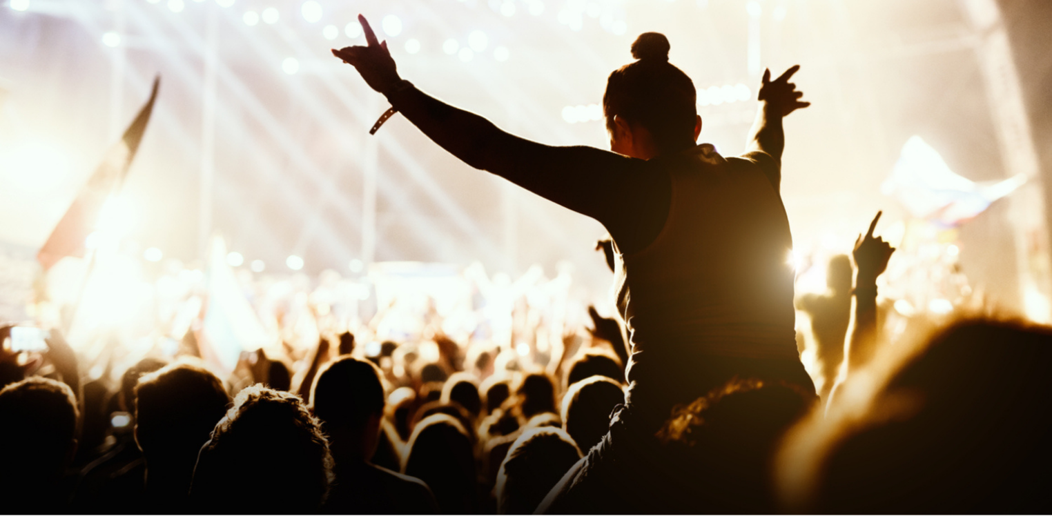 Music festival attendees enjoying a concert in the pre-COVID era.