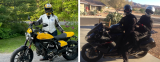 A female motorcyclist standing beside her bike; a man and woman sitting on their motorcycle