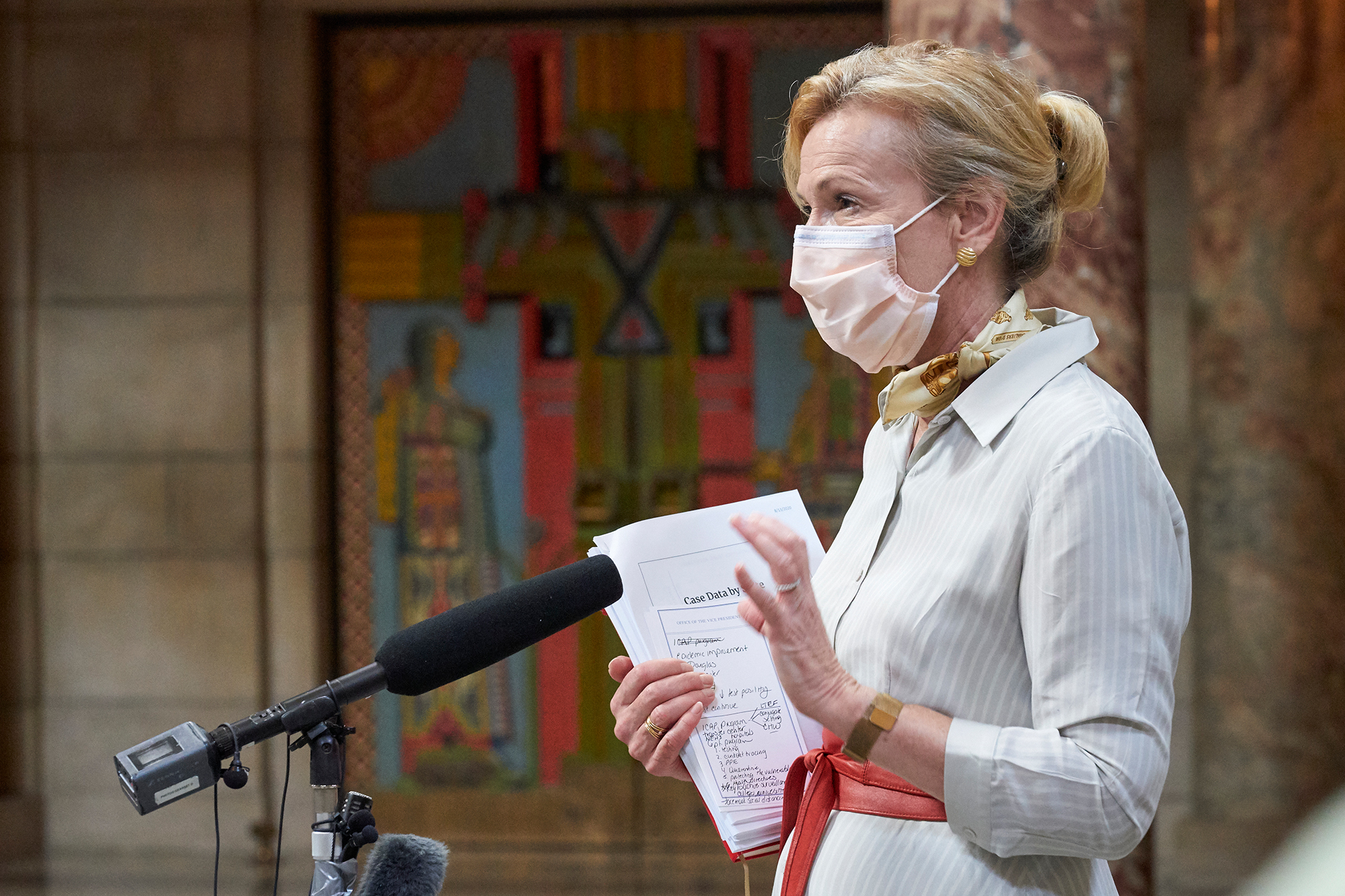 White House Coronavirus Response Coordinator Dr. Deborah Birx speaks to reporters in the rotunda of the State Capitol in Lincoln, Neb., Friday, Aug. 14, 2020, after meeting with Gov. Pete Ricketts and community and state health officials.