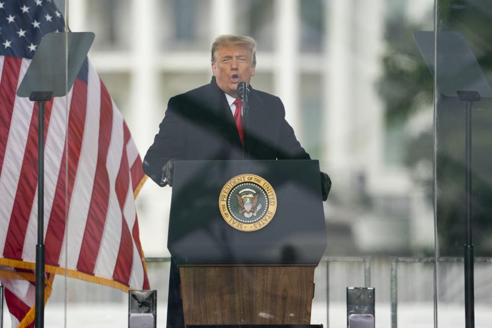 FILE - President Donald Trump speaks during a rally protesting the electoral college certification of Joe Biden as President in Washington, Jan. 6, 2021. On the day of the Capitol riot that shook American democracy, there are no official White House phone notations from about 11 a.m. to about 7 p.m. While that leaves holes in the record, a lot of publicly available information has surfaced about what Trump did do and say. (AP Photo/Evan Vucci, File)