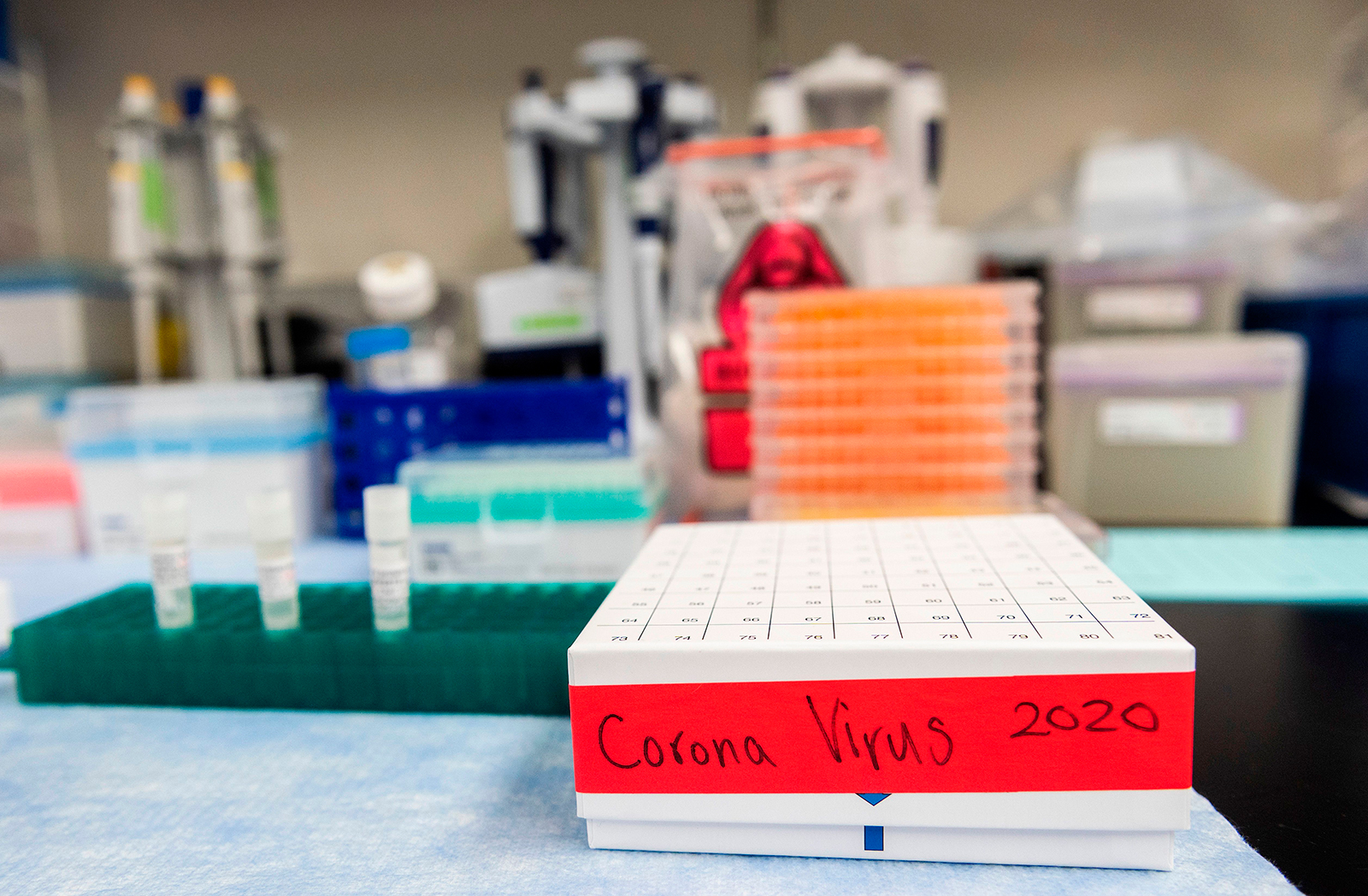 Three potential Covid-19 vaccines are kept in a tray at Novavax labs in Gaithersburg, Maryland on March 20.