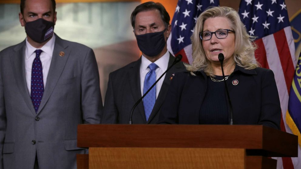 PHOTO: Rep. Liz Cheney talks to reporters following House Republican conference leadership elections at the Capitol Nov. 17, 2020. PHOTO: Rep. Liz Cheney talks to reporters following House Republican conference leadership elections at the Capitol Nov. 17, 2020.