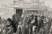 An anonymous Canadian wood engraving from 1850 shows a medical inspector's office, with posters of ships arriving from New York and Britain. An anonymous Canadian wood engraving from 1850 shows a medical inspector's office, with posters of ships arriving from New York and Britain.